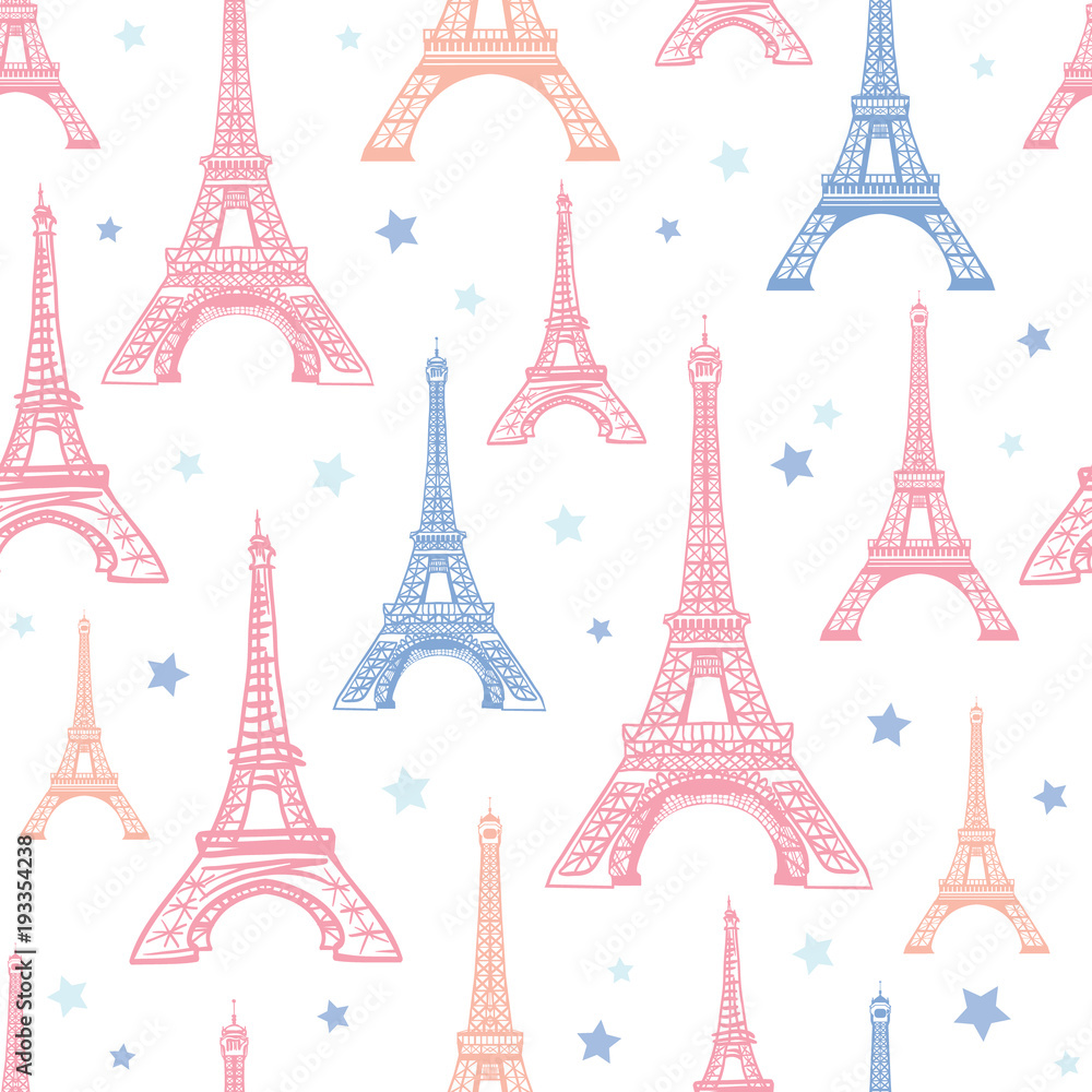 Vector Pink Blue Eifel Tower Paris and Flowers Seamless Repeat Pattern Surrounded By Stars. Perfect for travel themed postcards, greeting cards, invitations, packaging.