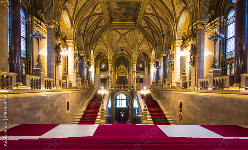 Interior view of Parliament Building in Budapest. The building was completed in 1905 and is in Gothic Revival style.