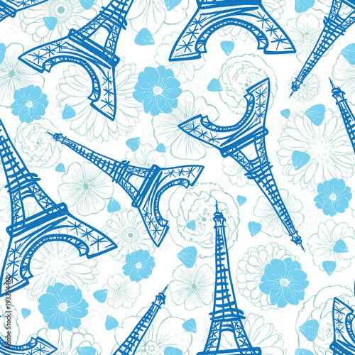 Vector Blue Eifel Tower Paris and Flowers Seamless Repeat Pattern Surrounded ...