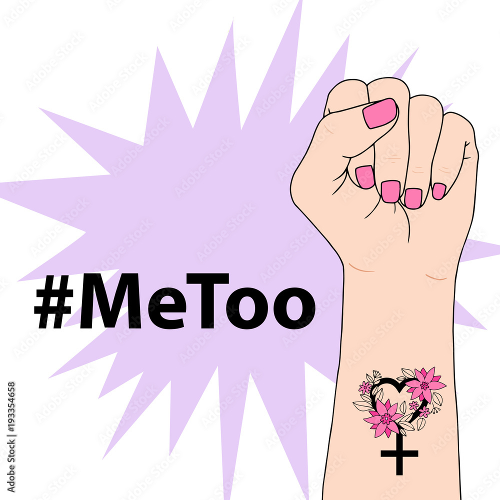 Obraz premium Hashtag MeToo vector illustration with fist of a feminist. Violence against women and sexual harassment. Social movement concerning sexual assault