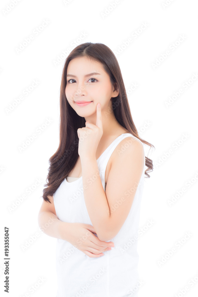 Portrait of beautiful asian woman makeup of cosmetic, girl hand touch cheek and smile attractive, face of beauty perfect with wellness isolated on white background with skin healthcare concept. Portrait of beautiful asian woman makeup of cosmetic, girl hand touch cheek and smile attractive, face of beauty perfect with wellness isolated on white background with skin healthcare concept.