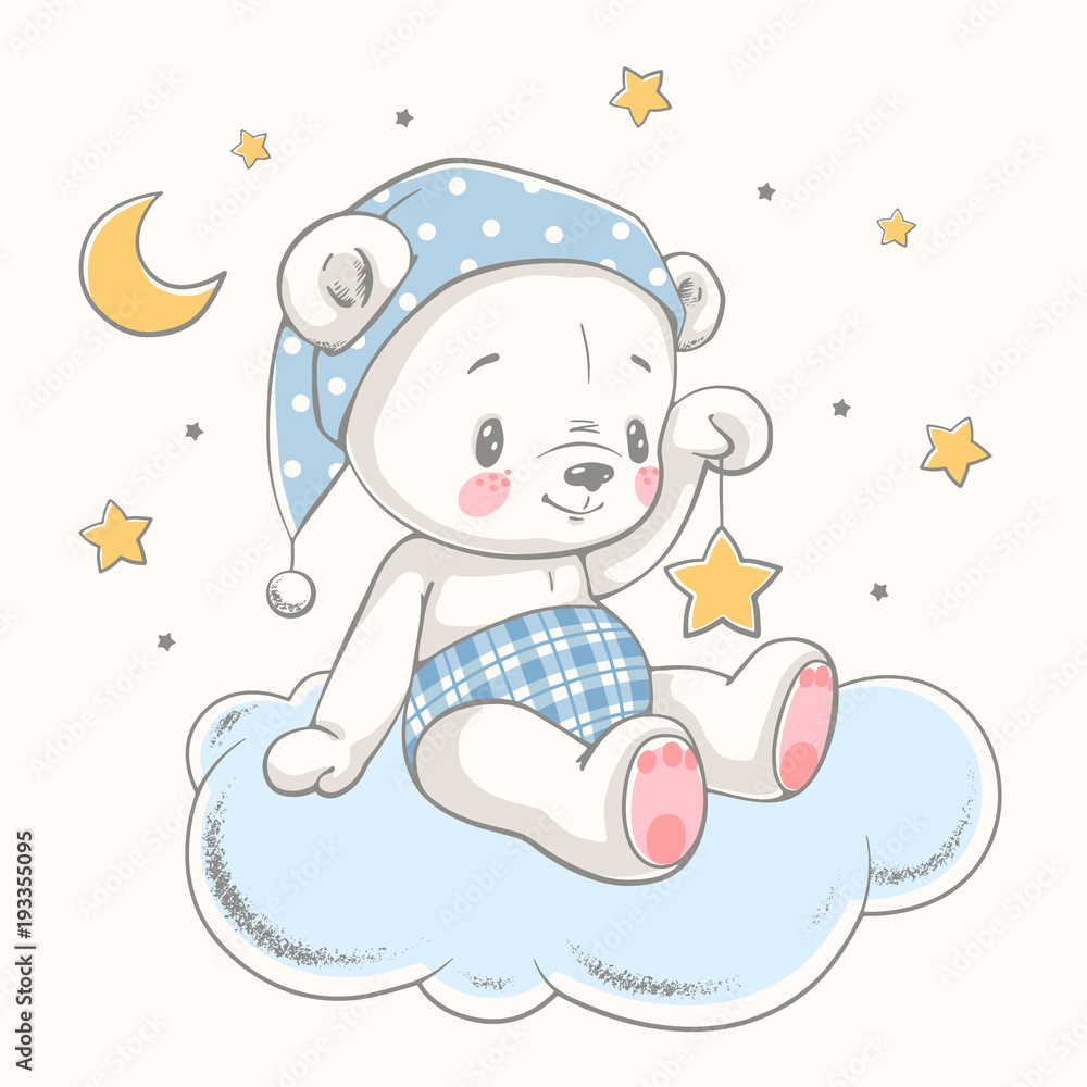 Naklejka premium Cute dreaming baby bear cartoon hand drawn vector illustration. Może być stosowany do nadruku na koszulce dla dzieci, projektowania modowego nadruku, odzieży dziecięcej, powitania z okazji urodzin baby shower i karty z zaproszeniem.