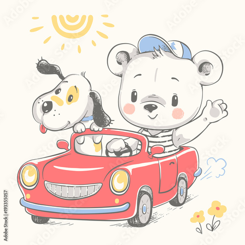 Cute baby bear driving car and a dog cartoon hand drawn vector illustration. Can be used for baby t-shirt print, fashion print design, kids wear, baby shower celebration greeting and invitation card.