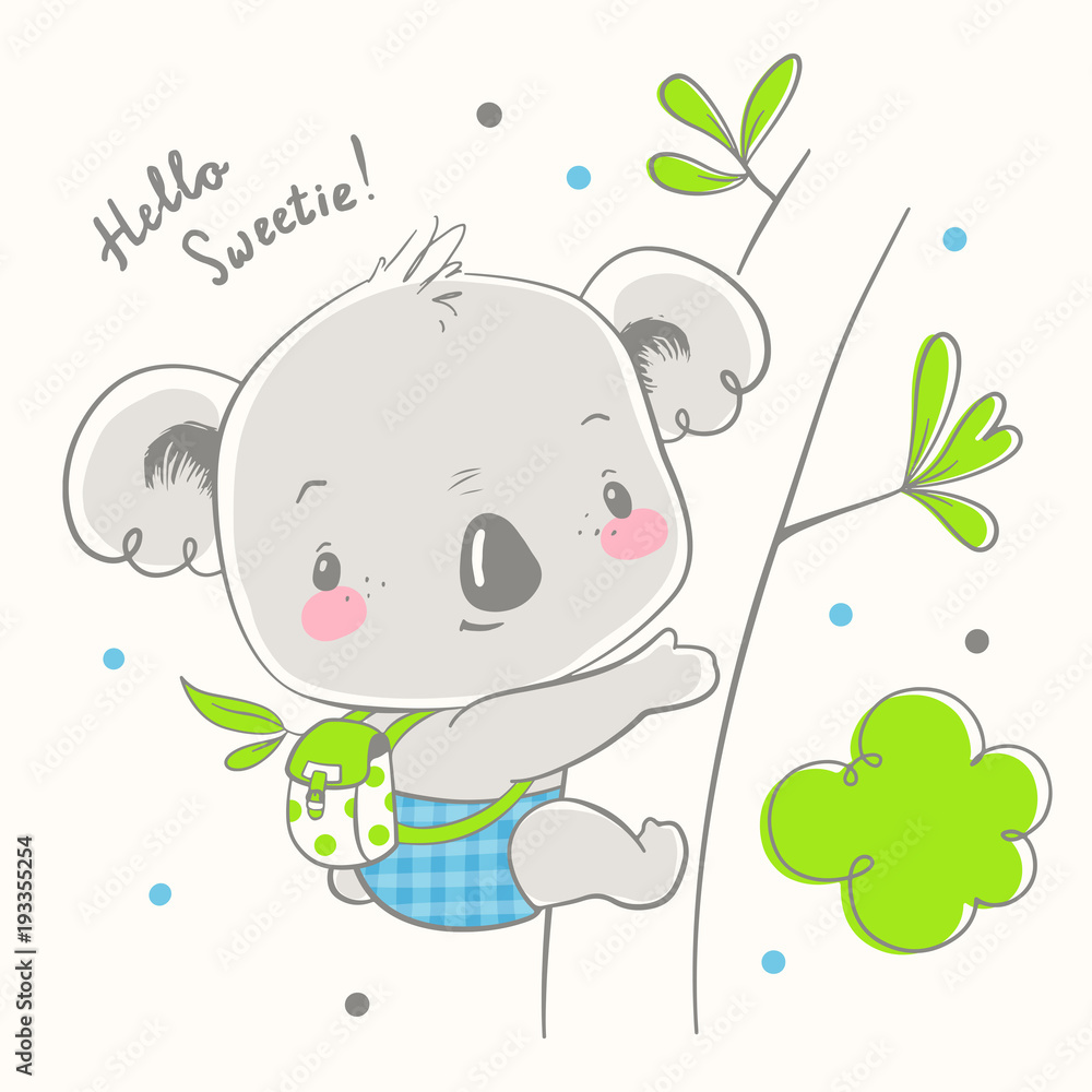 Fototapeta premium Cute koala baby cartoon ręcznie rysowane ilustracji wektorowych. Może być stosowany do nadruku na koszulce dla dzieci, projektowania modowego nadruku, odzieży dziecięcej, powitania z okazji urodzin baby shower i karty z zaproszeniem.