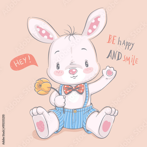 Cute little bunny with a flower cartoon hand drawn vector illustration. Can be used for baby t-shirt print, fashion print design, kids wear, baby shower celebration, greeting and invitation card.