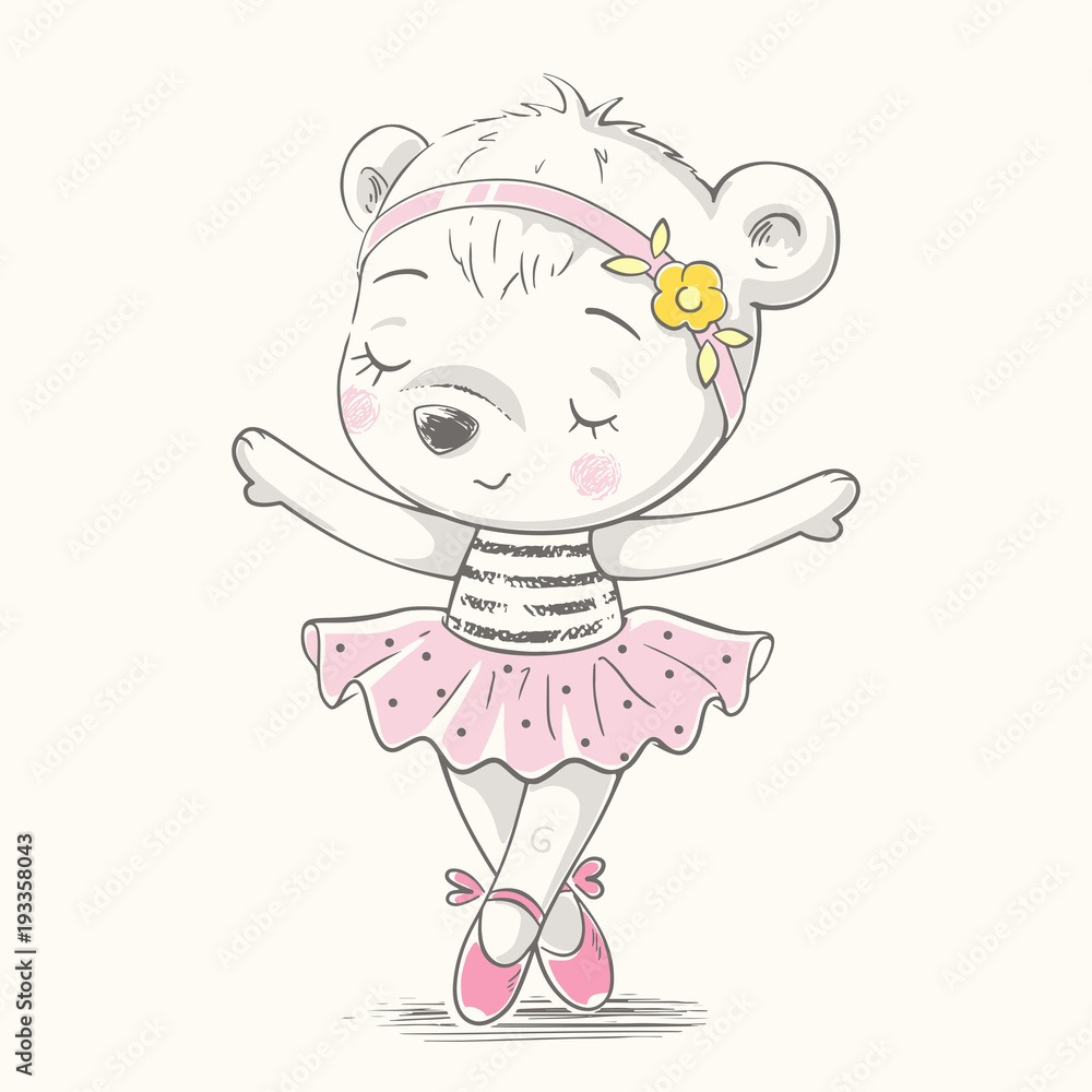 Naklejka premium Słodkie dziecko niedźwiedź baleriny taniec kreskówka ręcznie rysowane ilustracji wektorowych. Może być używany do nadruku na koszulki dla dzieci, projektowania nadruków na modę, odzieży dziecięcej, uroczystości związanych z chrzceniem, powitaniem i zapros