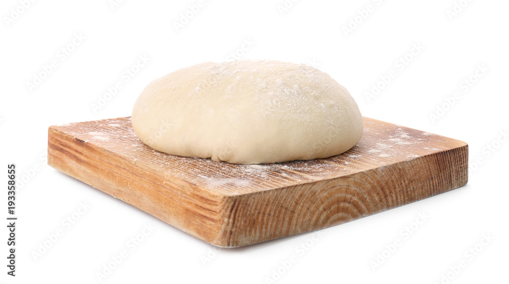 Wooden board with raw dough on white background Wooden board with raw dough on white background