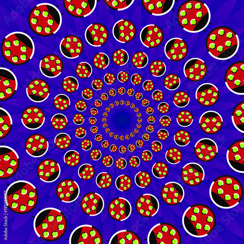 Abstract trendy round optical illusion, motion simulation, creative vector illustration with ladybugs on violet petals