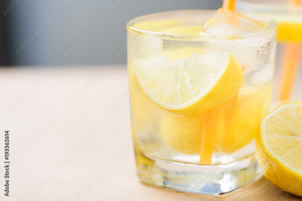 Glass of iced lemonade, cold drink in summer