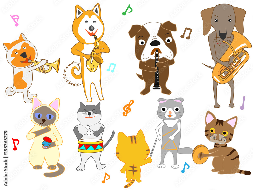 犬と猫のコンサート。犬と猫が楽器を演奏している。 犬と猫のコンサート。犬と猫が楽器を演奏している。