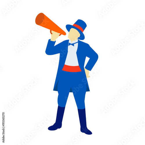 Retro style illustration of a ringmaster, ringleader,master of ceremonies, a significant performer in a circus, shouting, holding a bullhorn on isolated background.