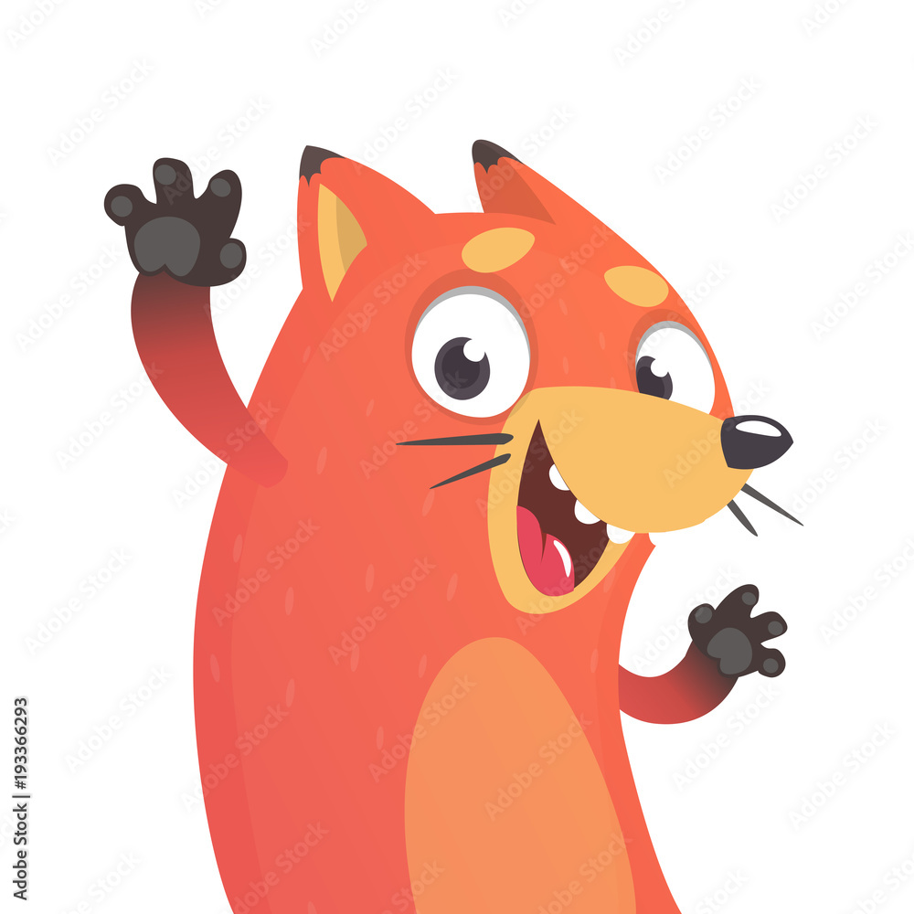 Cute cartoon vector fox. Vector illustration of an orange fox waving hand. Isolated on white. Cute cartoon vector fox. Vector illustration of an orange fox waving hand. Isolated on white.