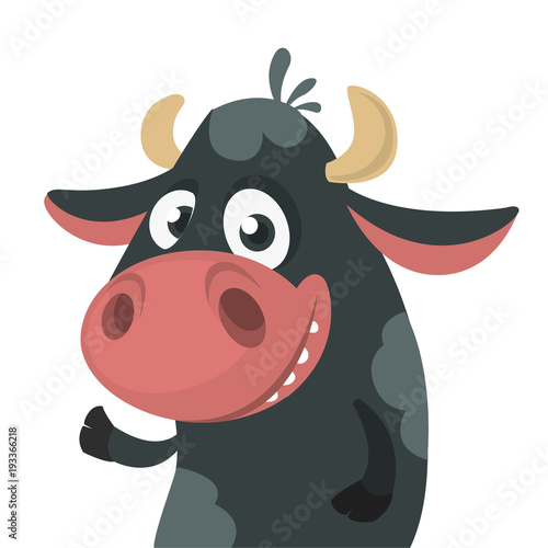 Cartoon cute black cow standing and presenting. Vector illustration of a cow character isolated on white. Great for print, banner or children book