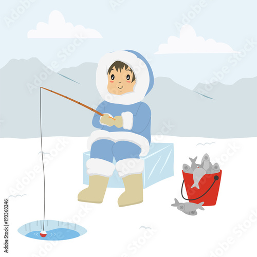 Eskimo man fishing through the ice hole, and a bucket full of fishes. Eskimo fishing cartoon vector