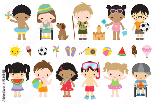 Vector illustration of cute summer kids with fun actives such as playing at the beach, camping, playing sports, having ice cream.
