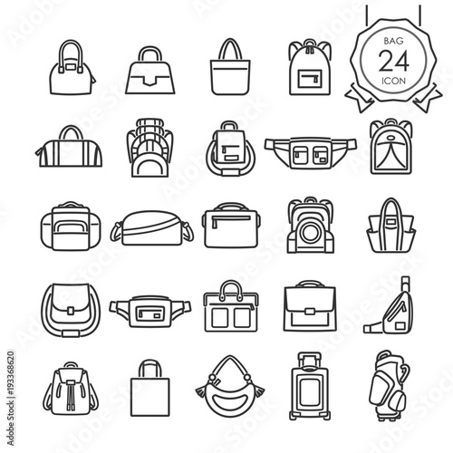 Black line icons set of bags for website isolated on white background, Vector illustration.