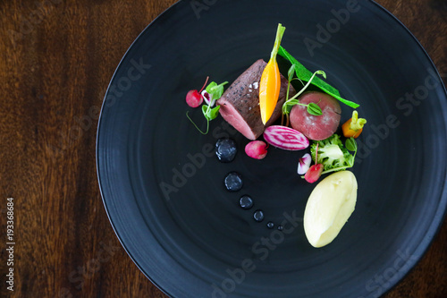 Fototapeta Exquisite dish, creative restaurant meal concept, haute couture food