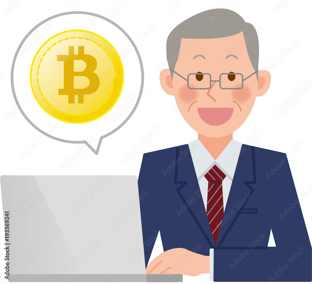 ビットコインと、パソコンをするシニアのビジネスマン ビットコインと、パソコンをするシニアのビジネスマン
