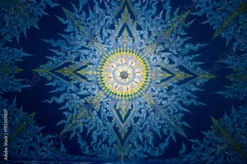 Beautiful wall and ceiling paintings in thai fine art pattern at Wat Rong Suea Ten Temple, locate at Chiang Rai province, northern part of Thailand.