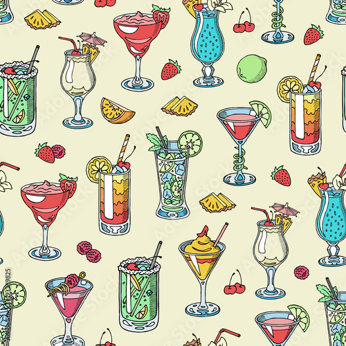 Cocktail vector alcohol beverage drinking alcoholic tequila martini drink cocktail in glass with pina colada mojito and cosmopolitan or drinkable bellinis seamless pattern background