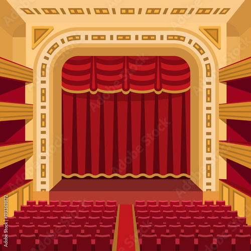 Theater stage with curtains entertainment spotlights theatrical scene interior old opera performance background vector illustration.