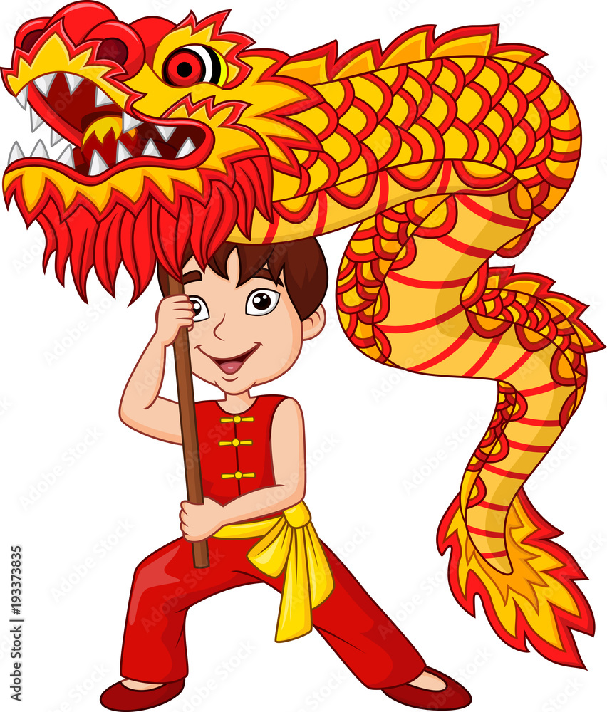 Cartoon kid performing dragon dance Stock Vector | Adobe Stock