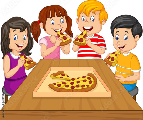 Cartoon kids eating pizza together