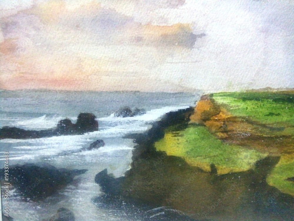 watercolor hand drawn cliff on sea