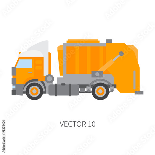 Color plain vector icon construction machinery garbage truck tipper. Industrial style. Corporate cargo delivery. Commercial transportation. Dump recycling. Business. Diesel power. Illustration design.