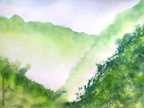 watercolor landscape mountain fog. green valley