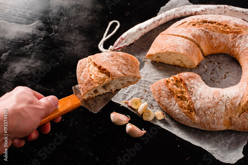 Traditional Galician white bread with moldy salami photo