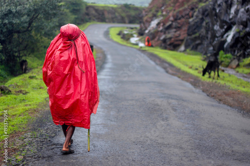 Maharashtra, India, August 2010, Shepherd with red raincoat photo