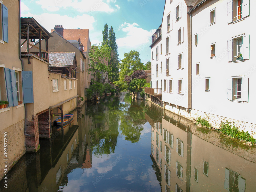 River L´Eure with houses in the old town of Chartres in France