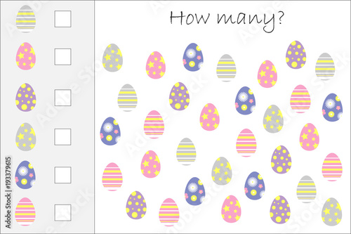 How many counting game with easter eggs for kids, educational maths task for the development of logical thinking, preschool worksheet activity, count  and write the result, vector illustration