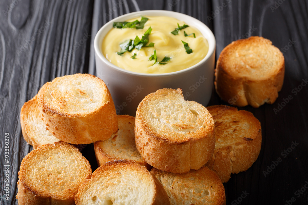 Fried baguette and cheese cream sauce dip close-up. horizontal Fried baguette and cheese cream sauce dip close-up. horizontal