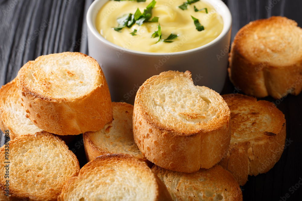 crostini and cheese creamy sauce dip close-up on the table. horizontal