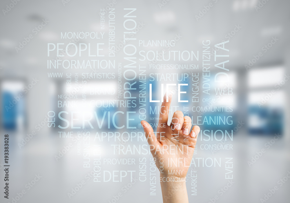 Concept of modern business with palm choocing on of keywords for success Concept of modern business with palm choocing on of keywords for success
