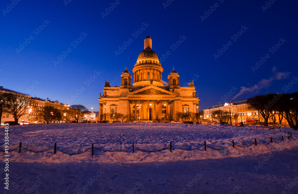 View of St. Isaac's Cathedral in St. Petersburg Russia on a winter evening. Sight.