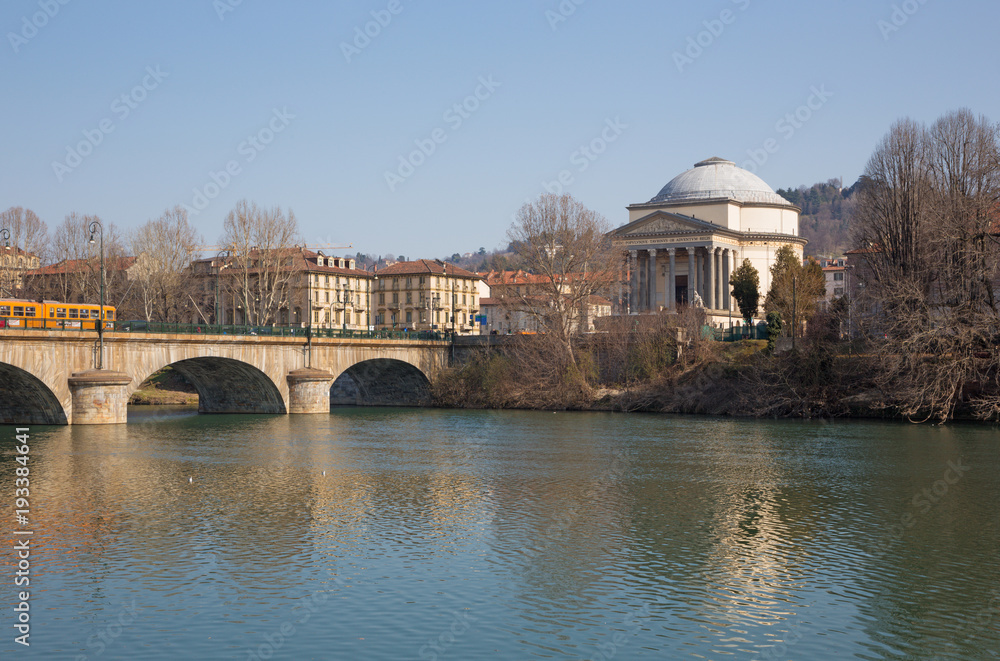Turin - The bridge Vittorio Emaneule I and church Chiesa della San Madre di Dio.