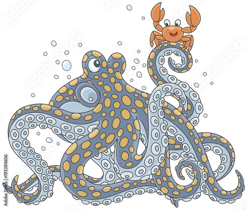 Big spotted octopus talking with a funny small crab, a vector illustration in a cartoon style
