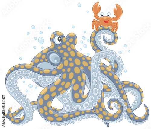 Big spotted octopus talking with a funny small crab, a vector illustration in a cartoon style