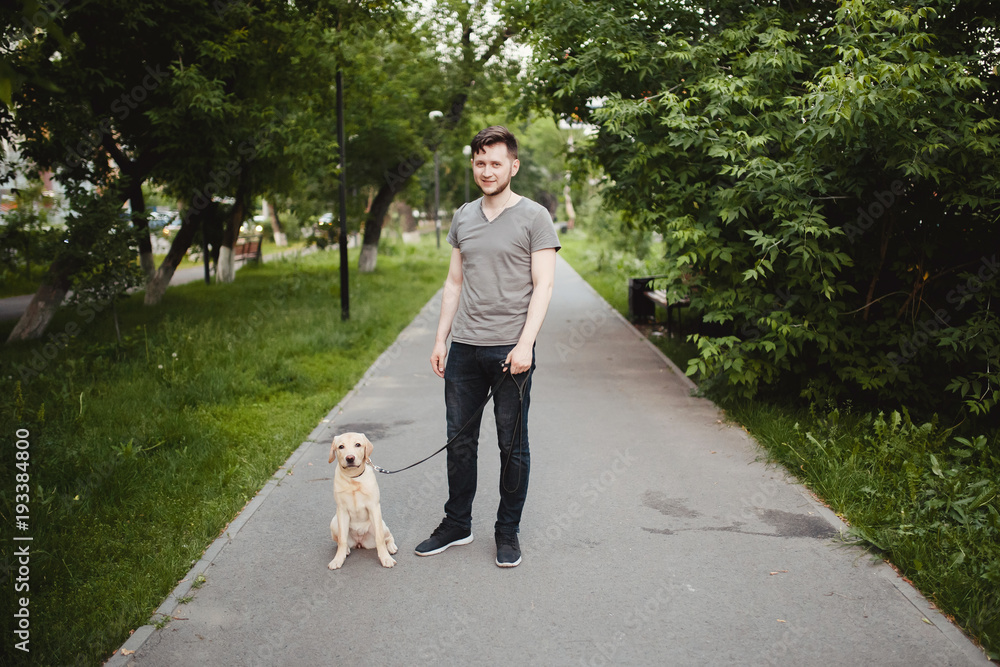 Young man with labrador outdoors in park, in summer. stroking and playing. Cynologist Young man with labrador outdoors in park, in summer. stroking and playing. Cynologist