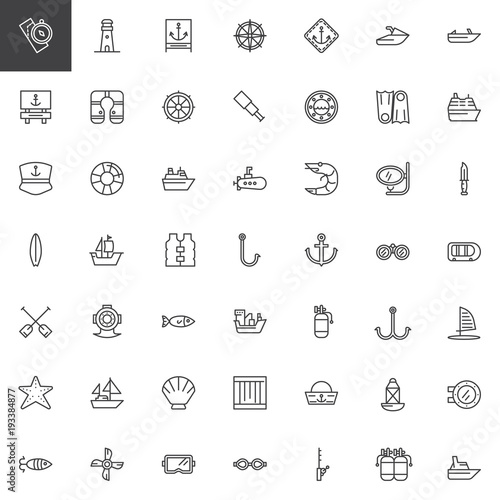 Nautical outline icons set. linear style symbols collection, line signs pack. vector graphics. Set includes icons as lighthouse, anchor, lifejacket, submarine, boat, ship, marine 