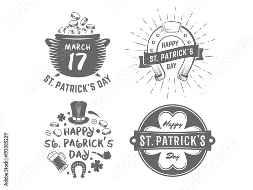 St. Patricks day badges. Vector logos with clover, horseshoe, leprechauns hat, beer mug, pot with coins and other traditional symbols. Set of vintage holiday labels.