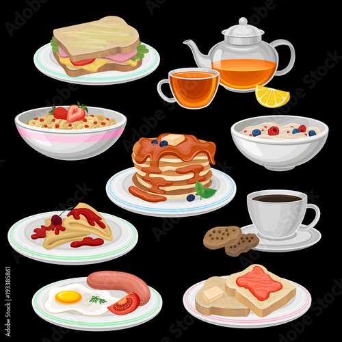 Set of breakfast icons. Sandwich, tea, coffee with cookies, pancakes with chocolate, toasts, fried egg with sausage, bowl of oatmeal porridge, corn flakes rings. Flat vector design