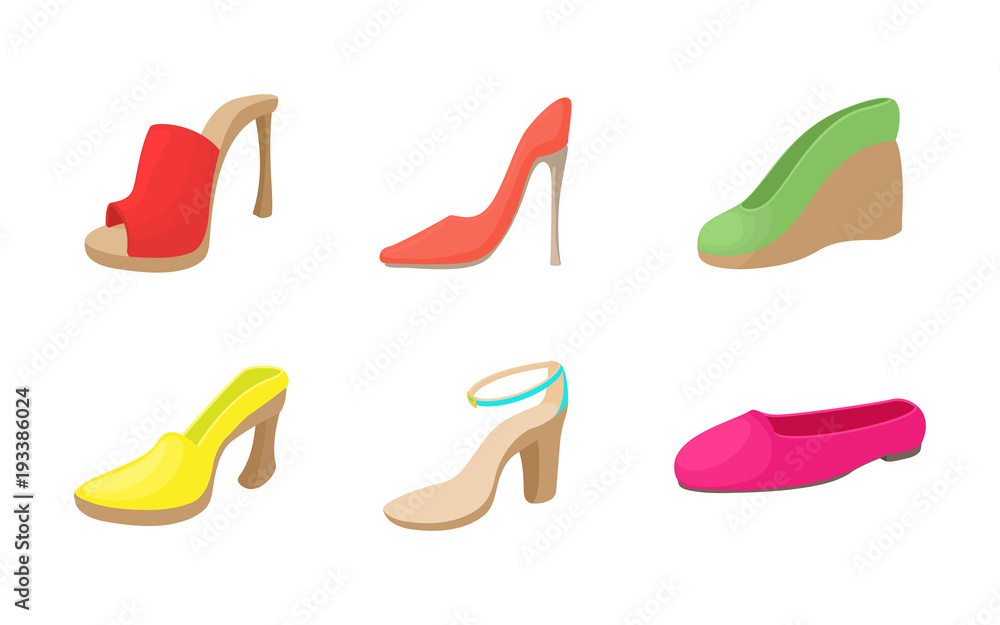 Woman shoes icon set, cartoon style Woman shoes icon set, cartoon style