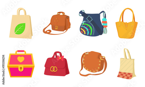 Bag icon set, cartoon style