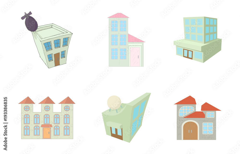 Sky buildings icon set, cartoon style Sky buildings icon set, cartoon style