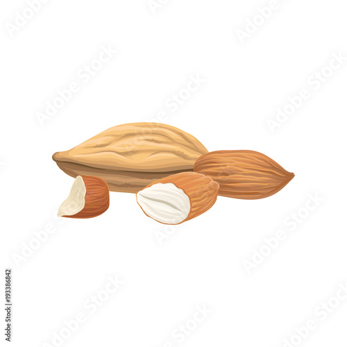 Cartoon hand drawn icon of almond nuts. Healthy food concept. Natural and tasty product. Culinary ingredient. Organic vegetarian nutrition. Detailed vector design