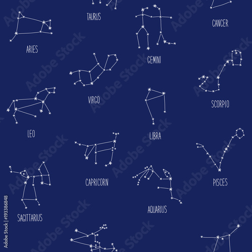 Seamless background with schematic hand drawn zodiac constellations